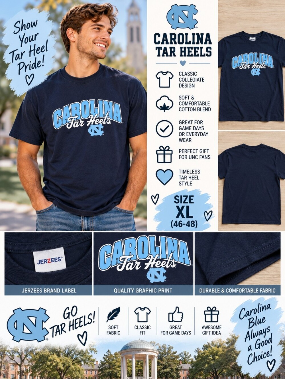 Jerzees mens XL blue carolina tar heels shirt #35